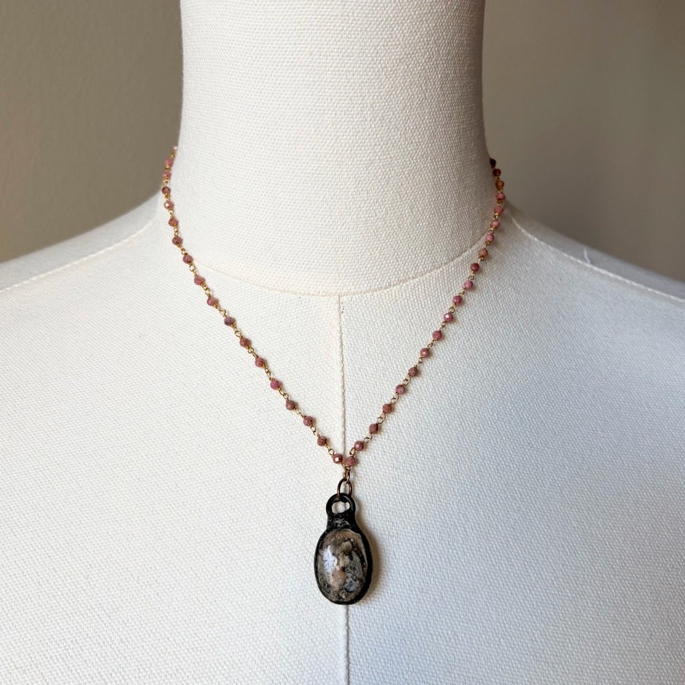 Rosary Chain Necklace with Stone Pendant